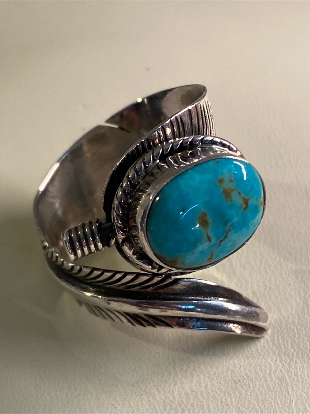 Native American Sterling Silver Turquoise Feather Ring Adjustable Size 9-10